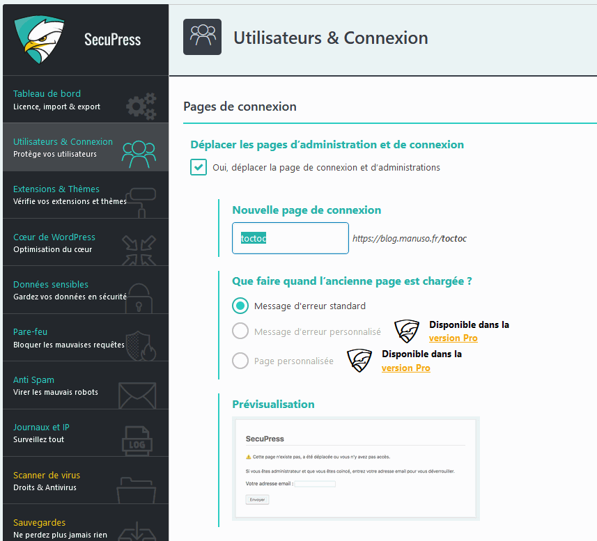 secuPress modifier la page de connexion et d'administration
